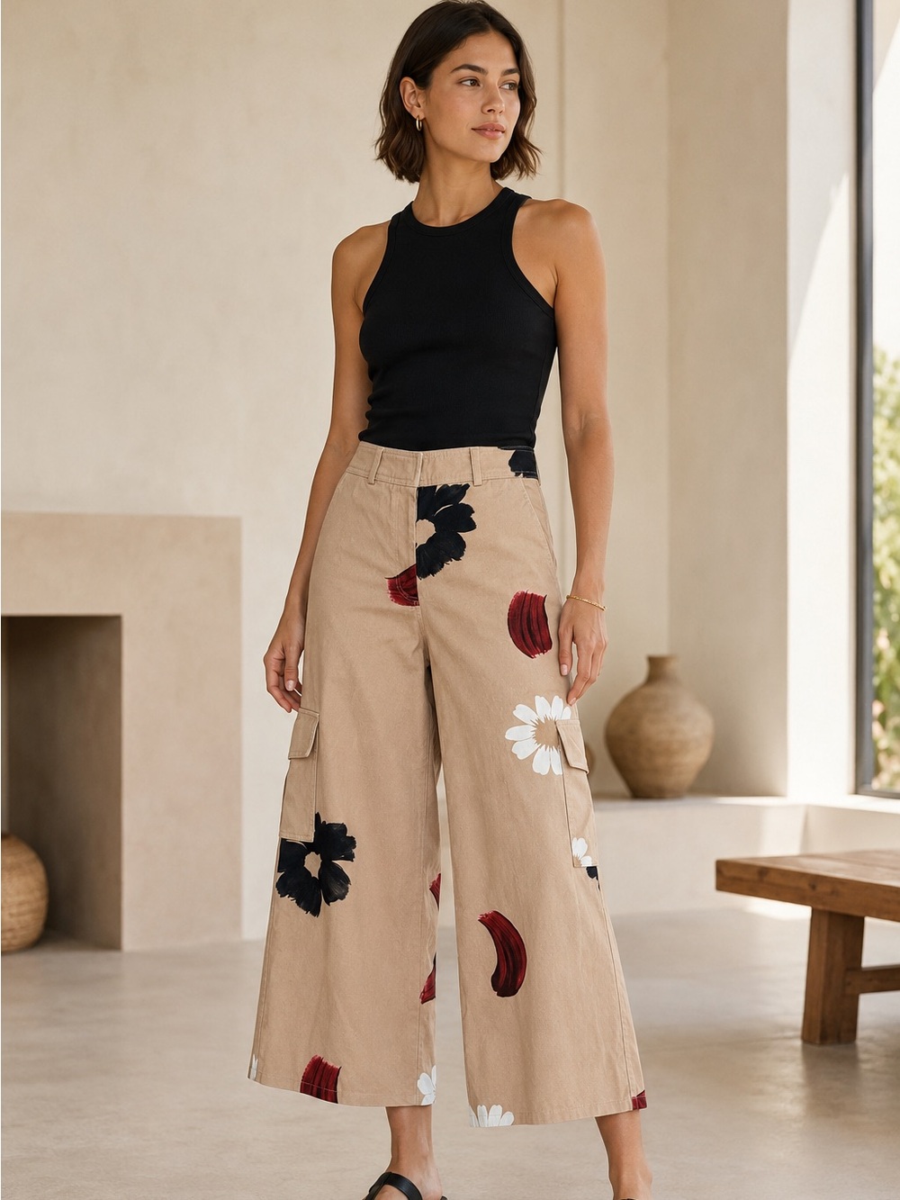 Jazmín Chebar Floral Wide Leg Cargo Pants Tan Size 6